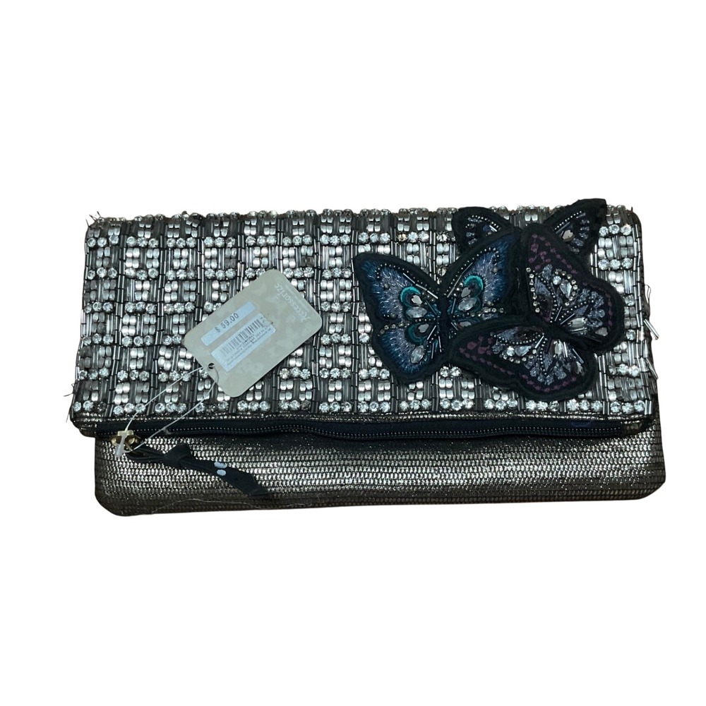 Accessorize Beaded Butterfly Foldover Clutch Bag Metallic Silver Bronze New